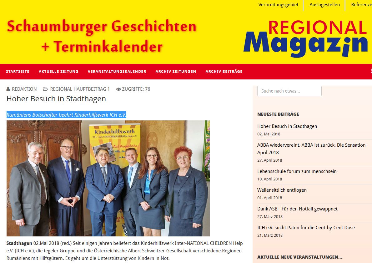Rumänsicher Botschafter beim ICH e.V. Schaumburger Geschichten im region Magazin Mai 2018